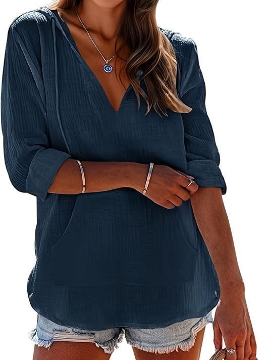 V Neck Hooded Shirt Top for Women - Stylish Beach Cover Up - TheElephantTrunk